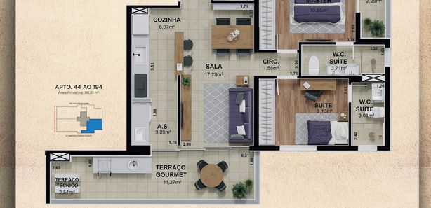 Magnífico apartamento com 93 m², com 2 dormitórios sendo 2 suítes