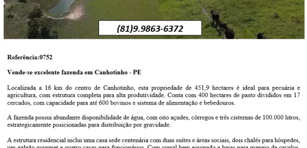 Fazenda / Sítio / Chácara à venda, 1000m² no , Canhotinho