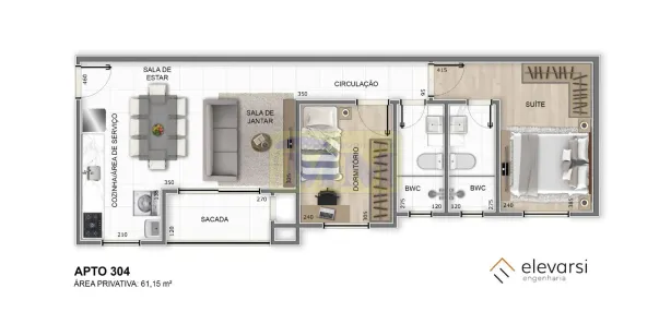 Apartamento com 2 Quartos à venda, 61m² no Emiliano Perneta, Pinhais
