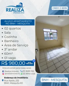 Apartamento com 2 Quartos para alugar, 60m² no BNH, Mesquita