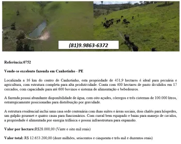 Fazenda / Sítio / Chácara à venda, 1000m² no , Canhotinho