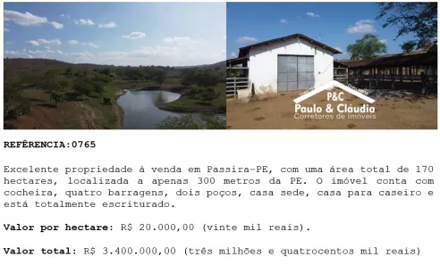 Fazenda / Sítio / Chácara à venda, 170m² no , Passira