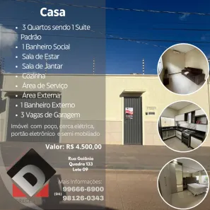 Casa com 3 Quartos para alugar, 250m² no Belo Horizonte, Marabá