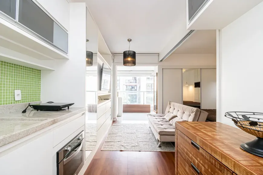 Foto do imóvel - Studio mobiliado para alugar com 1 quarto, 1 banheiro e condomínio com piscina próximo ao Metrô.